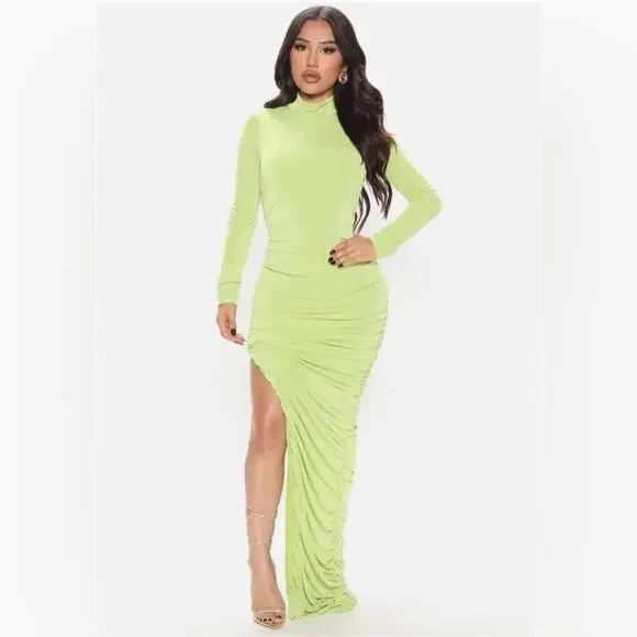Fashion Nova Lily Ruched Long Sleeve Maxi Dress Size Large Lime Green New - Picture 1 of 13